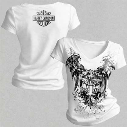  Motorcycles Printed Women's V-neck Pleated Waist Fitted T-shirt