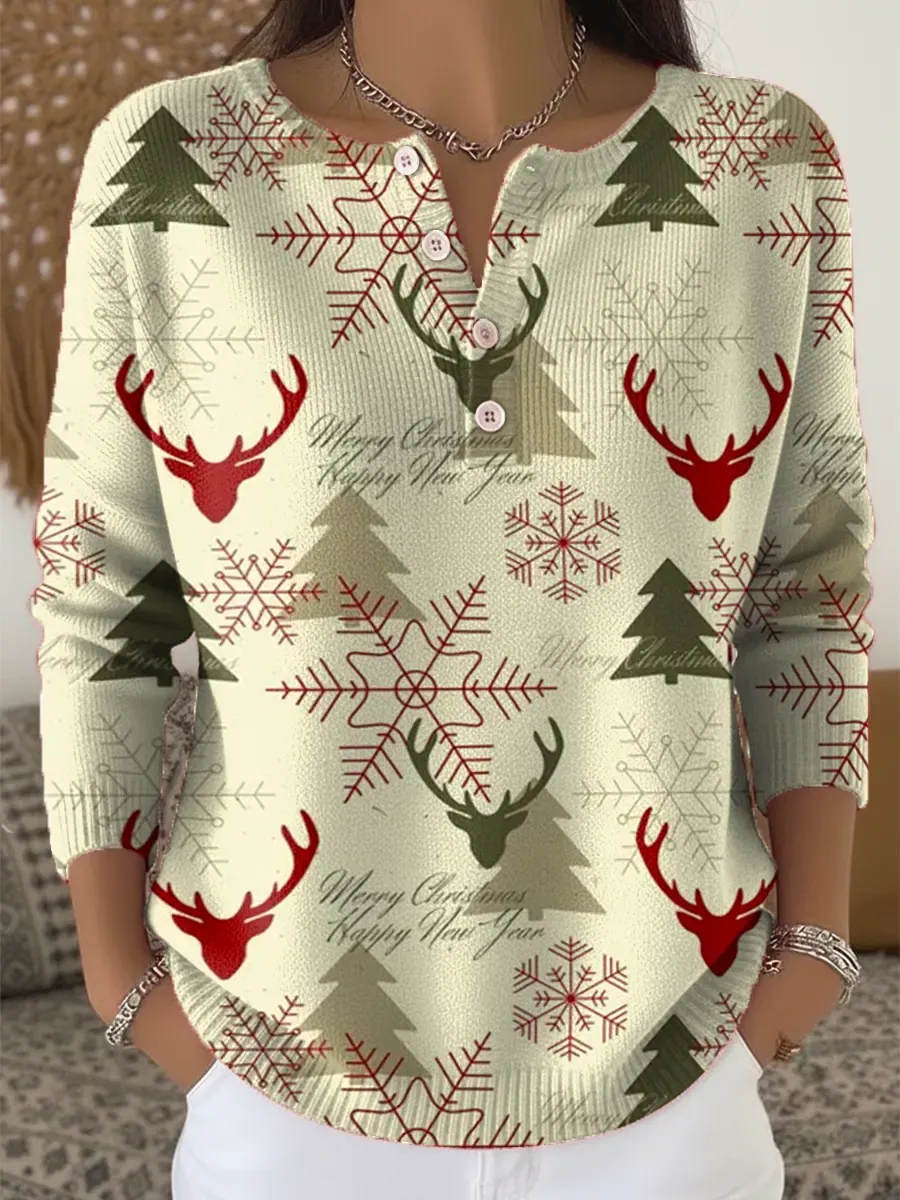 Women's Christmas Deer Pattern Art Print Casual Cardigan Sweater