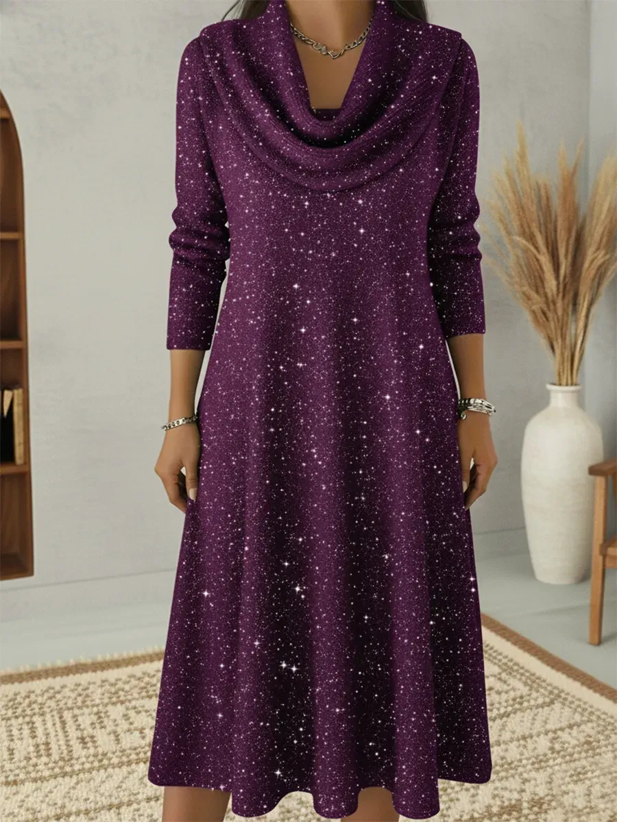 Elegant Christmas Cowl Neck Shiny A-line Midi Dress