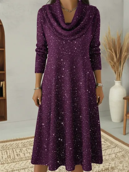 Elegant Christmas Cowl Neck Shiny A-line Midi Dress