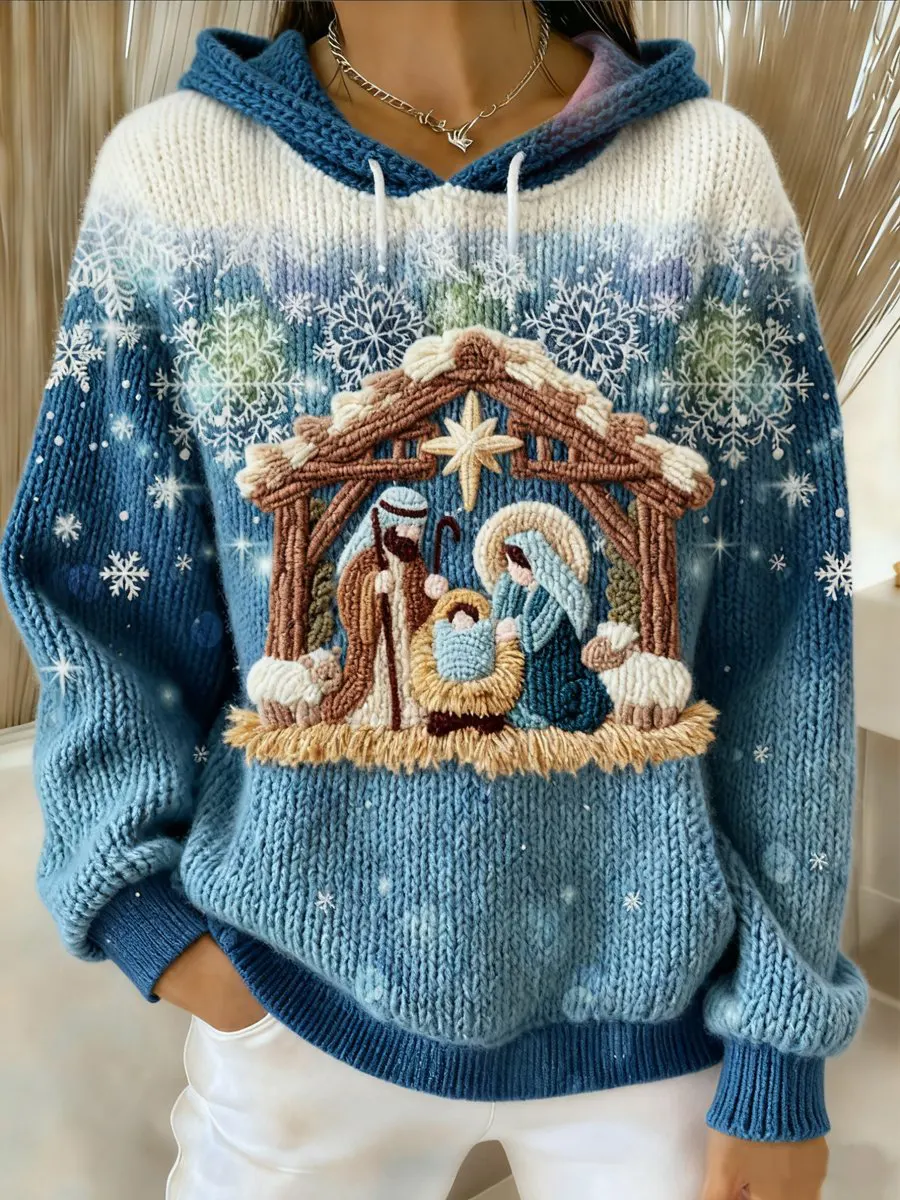 Vintage Christmas  Print Casual Knitted Hoodie Sweater