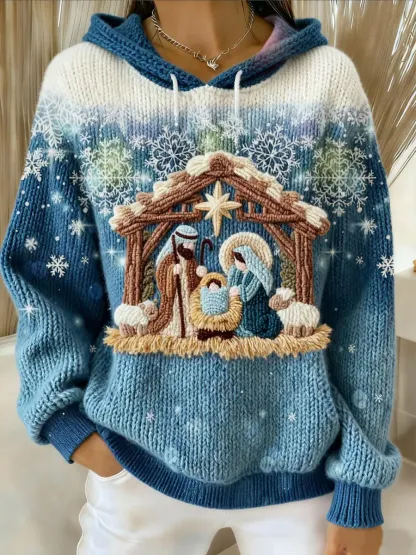 Vintage Christmas  Print Casual Knitted Hoodie Sweater