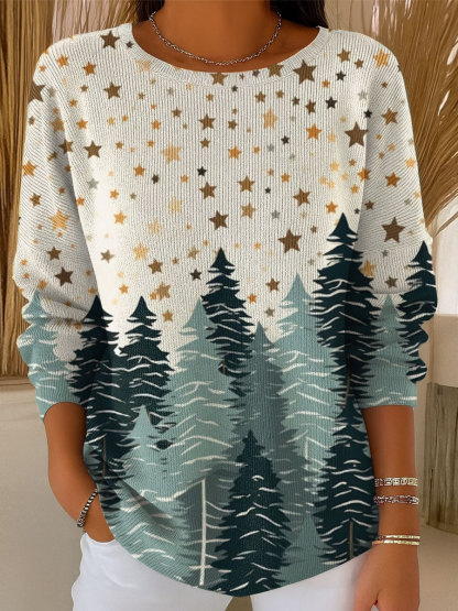 Women's Retro Style Christmas Tree Art Print Casual Pullover Sweater