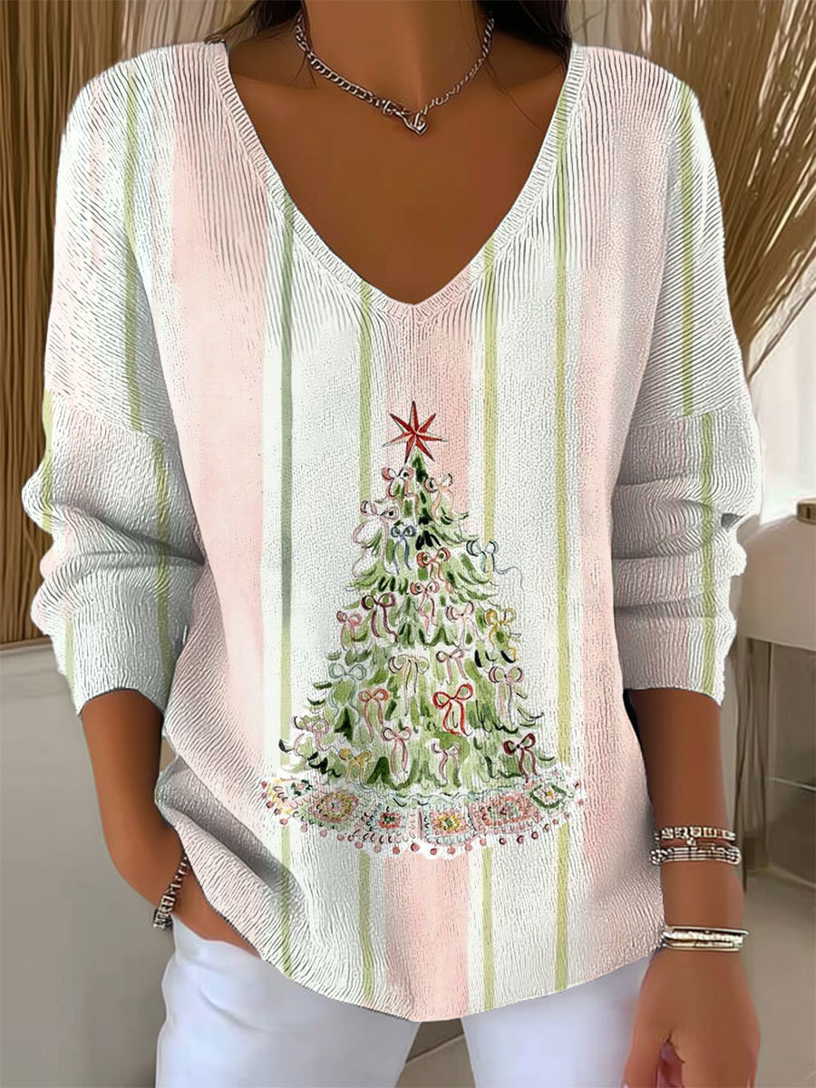 Women's Vintage Christmas Art Print Casual Pullover Sweater