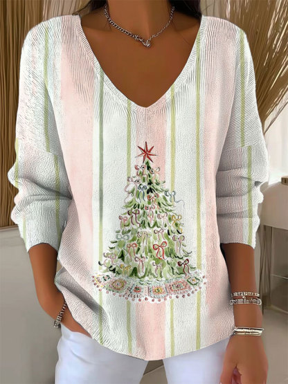 Women's  Vintage  Christmas Art Print Casual Pullover Sweater