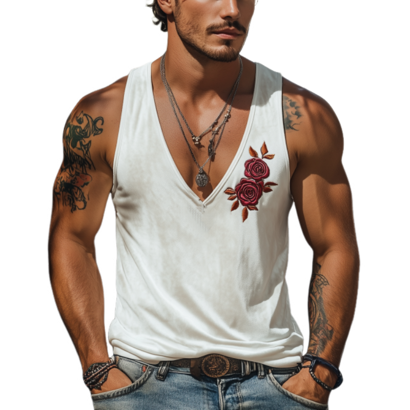 Men's Classic Casual American Retro Velvet Rose Embroidered Tank Top 