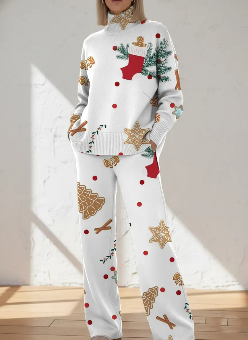 Women's Retro Christmas Art Print Casual Knit Set