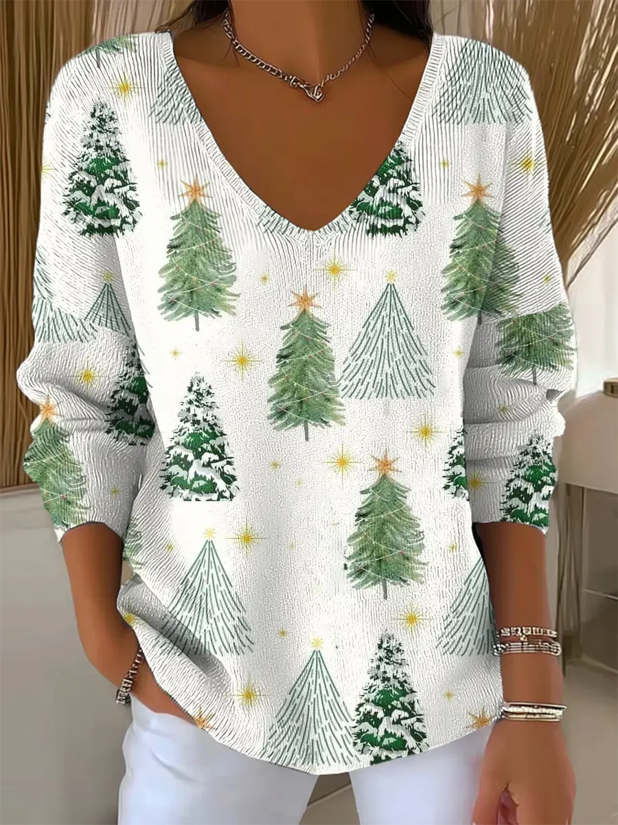 Women's Vintage Christmas Tree Art Print V-neck Loose Sweater