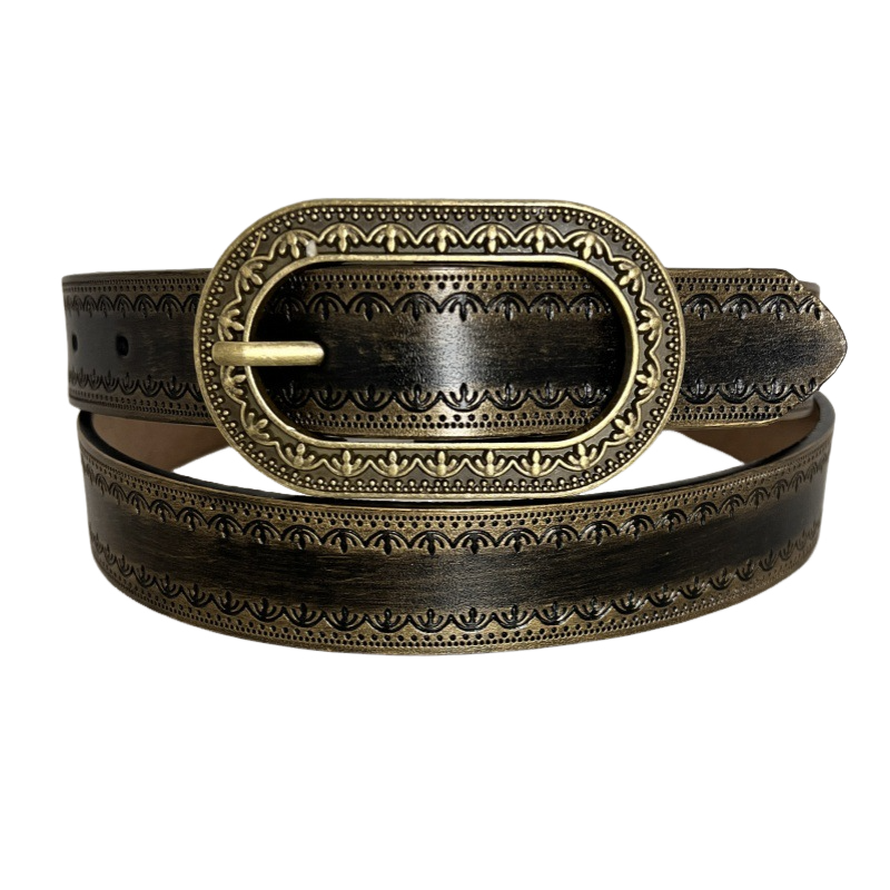 Men's Vintage Distressed Engraved Embossed Genuine Leather Belt