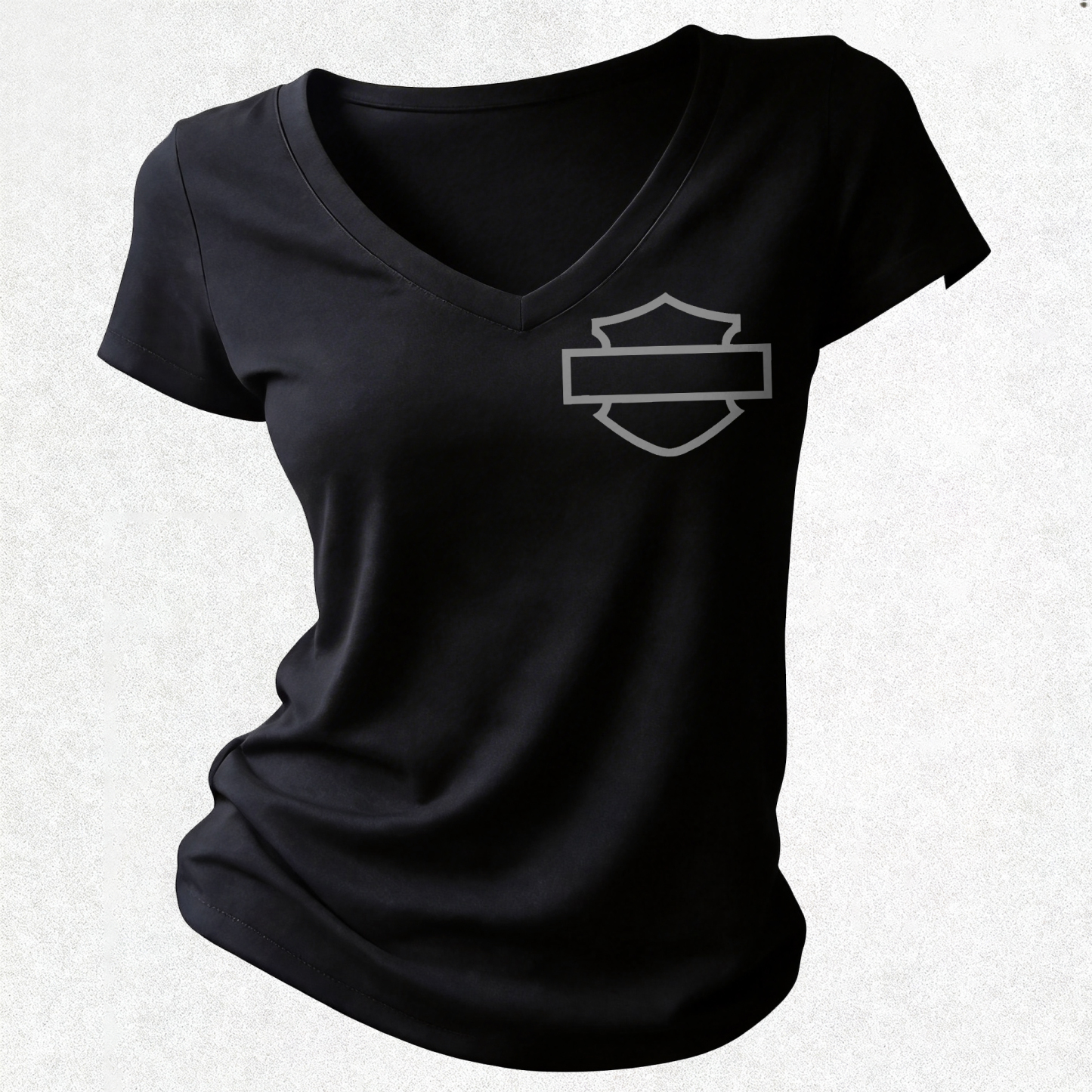  Motorcycles Printed Women's V-neck Pleated Waist Fitted T-shirt