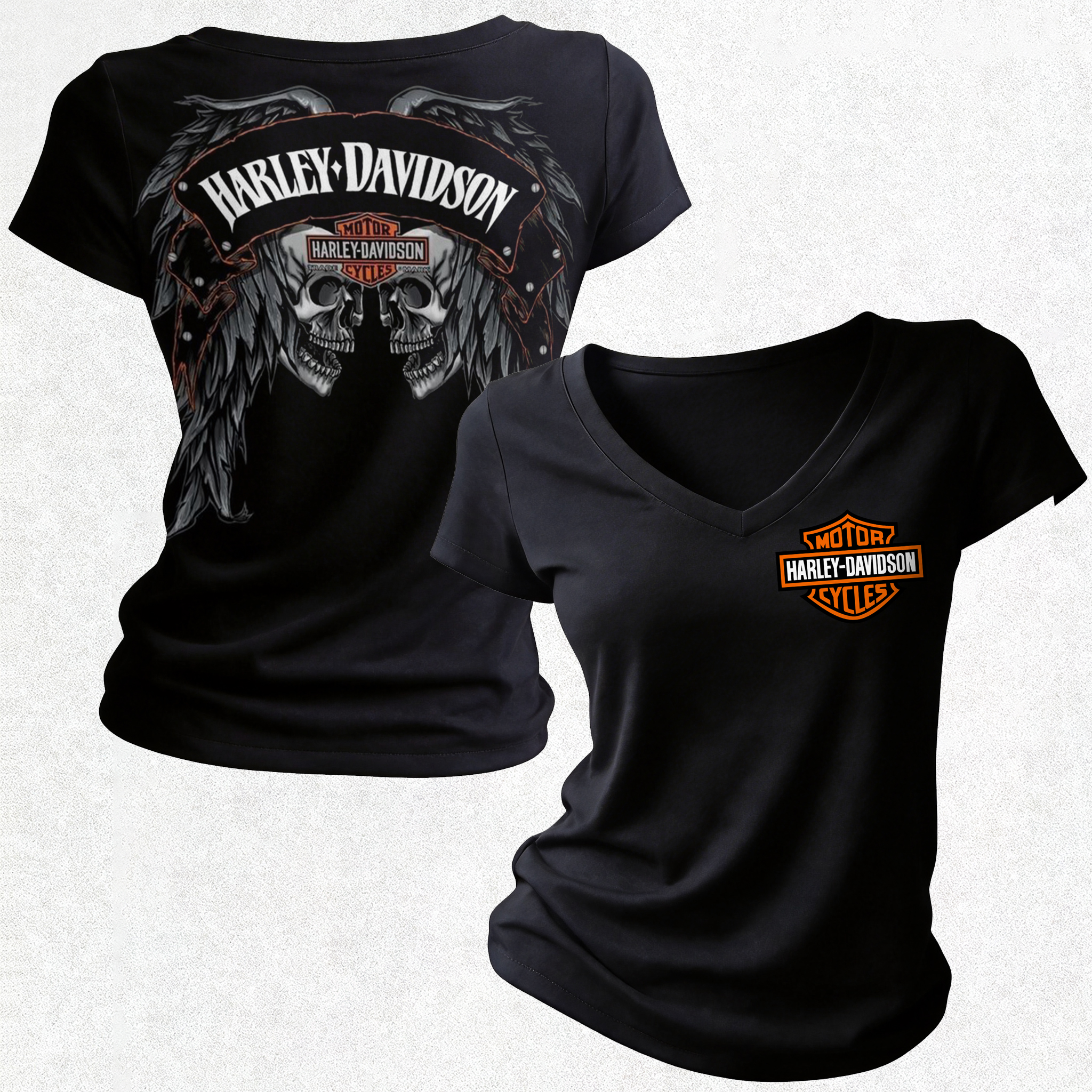  Motorcycles Printed Women's V-neck Pleated Waist Fitted T-shirt