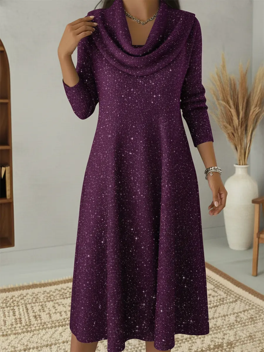Elegant Christmas Cowl Neck Shiny A-line Midi Dress