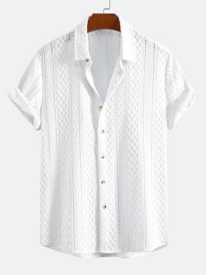 Geometry Rhombus Jacquard Button Up Shirt & Crinkle Textured Straight Leg Pants