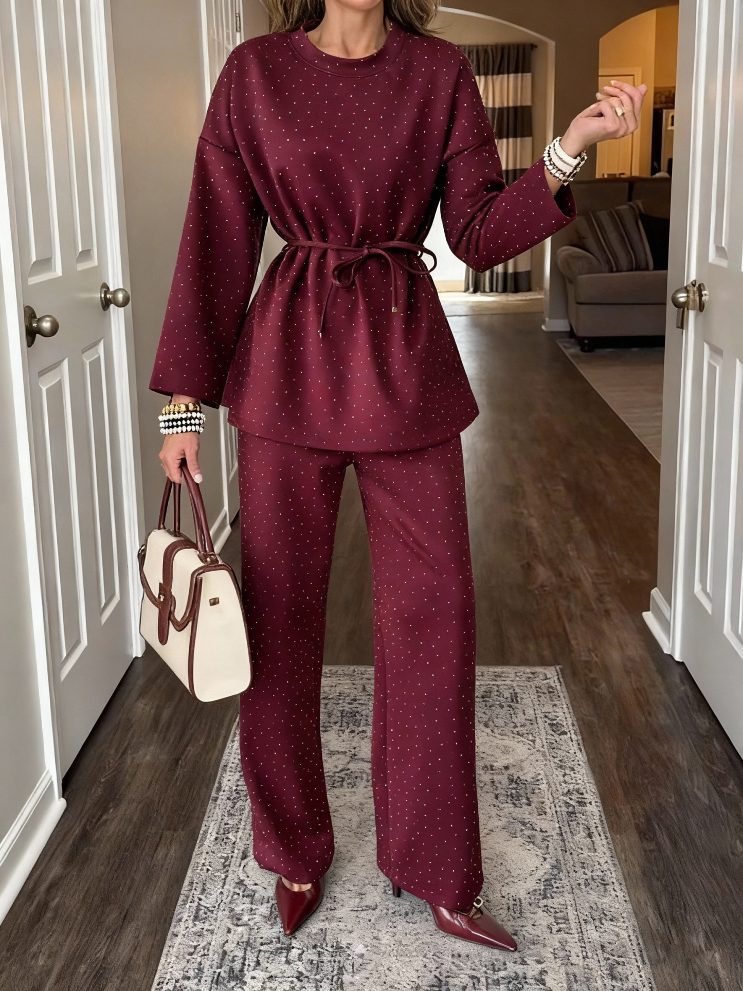 Women's fashionable casual polka dot print long sleeved two piece set