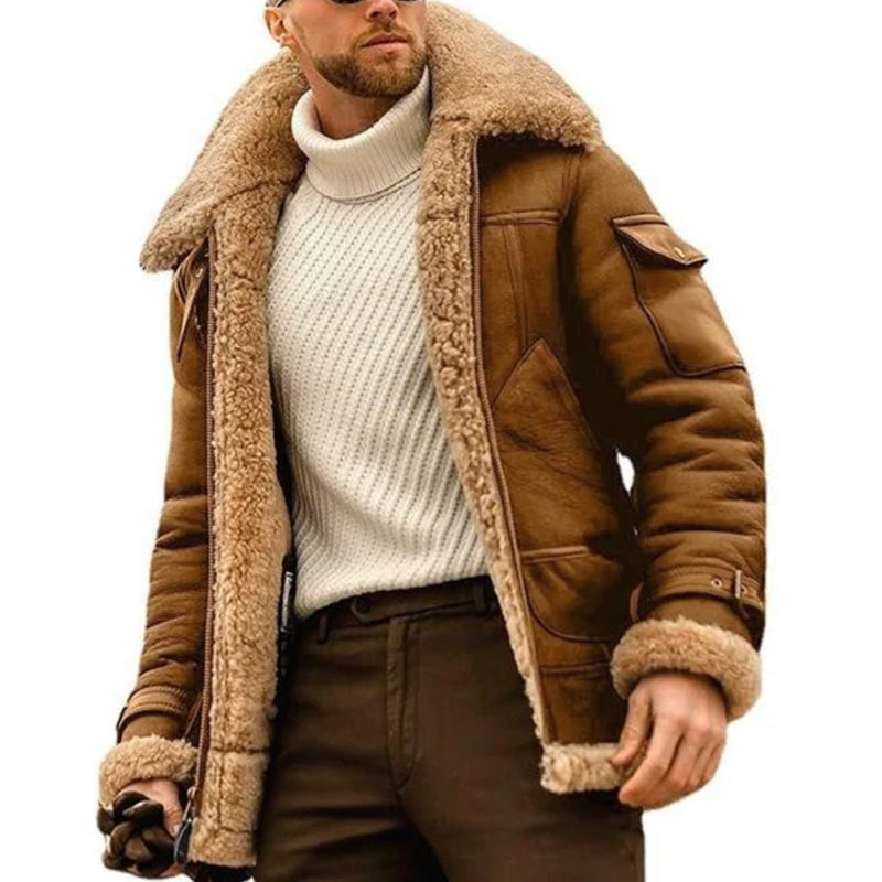Men's Winter Lambswool Warm Lapel Multi-pocket Thick Coat 