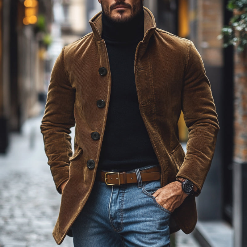 Men's Vintage Corduroy Lapel Single Breasted Slim Short Coat 
