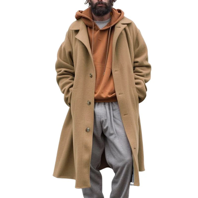 Men's Vintage Wool Blended Notched Lapel Single-Breasted Loose Long Coat 
