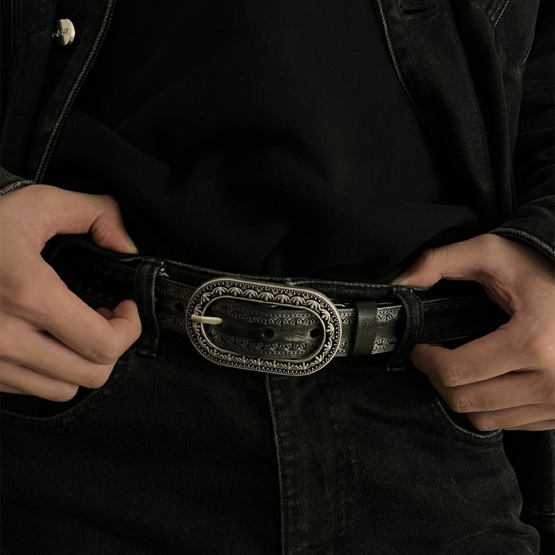 Men's Vintage Distressed Engraved Embossed Genuine Leather Belt