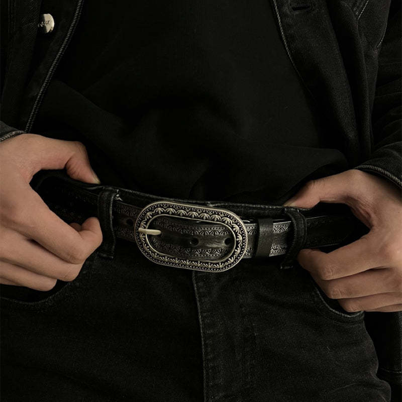 Men's Vintage Distressed Engraved Embossed Genuine Leather Belt