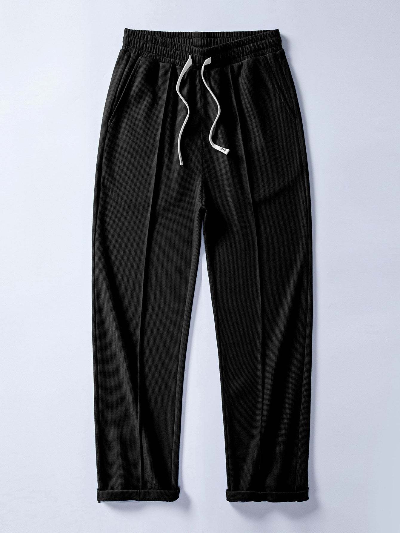 Relax Fit 2 In 1 Notched Collar Waffle T-Shirt & Waffle Pleated Pintuck Straight Leg Pants