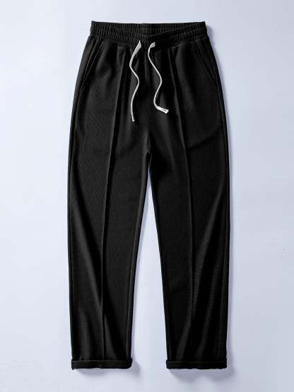 Relax Fit 2 In 1 Notched Collar Waffle T-Shirt & Waffle Pleated Pintuck Straight Leg Pants