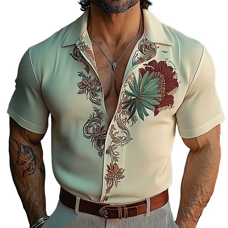 Men's Fashion Floral Embroidery Short Sleeve Shirt 