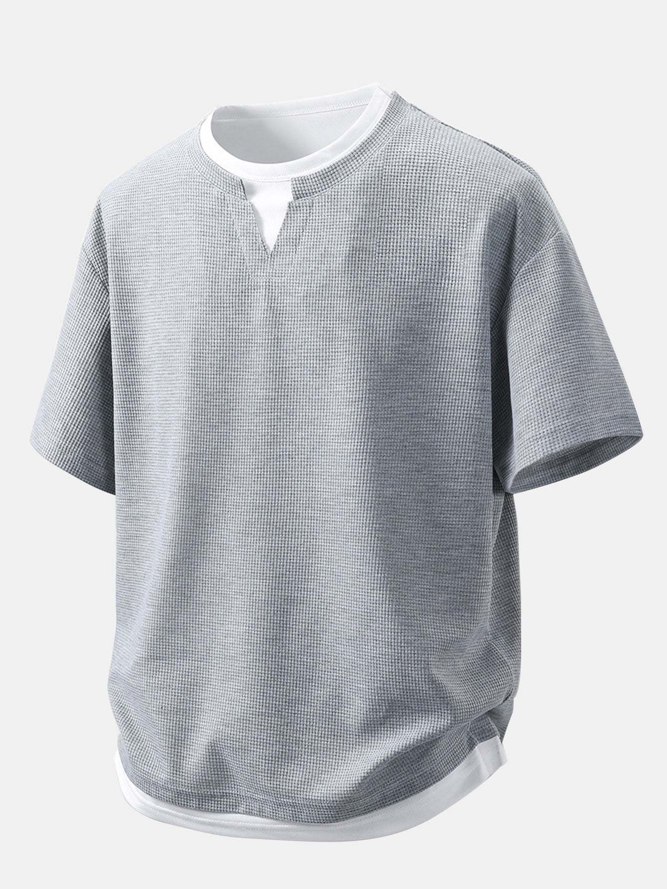 Relax Fit 2 In 1 Notched Collar Waffle T-Shirt & Waffle Pleated Pintuck Straight Leg Pants