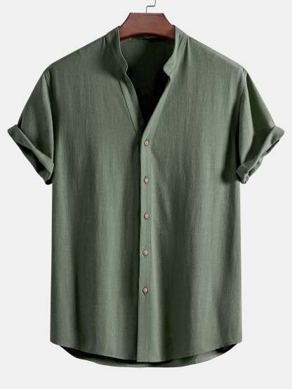 Short Sleeve V Neck Linen Rayon Blend Shirt