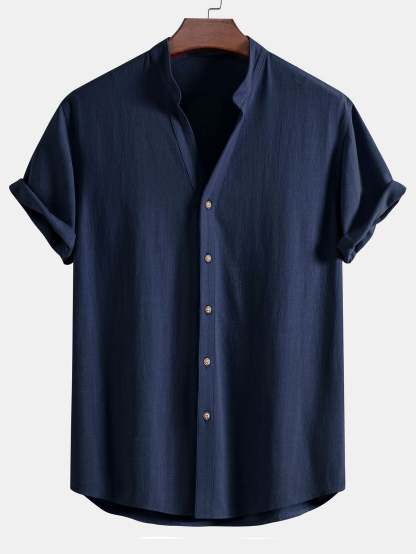 Short Sleeve V Neck Linen Rayon Blend Shirt