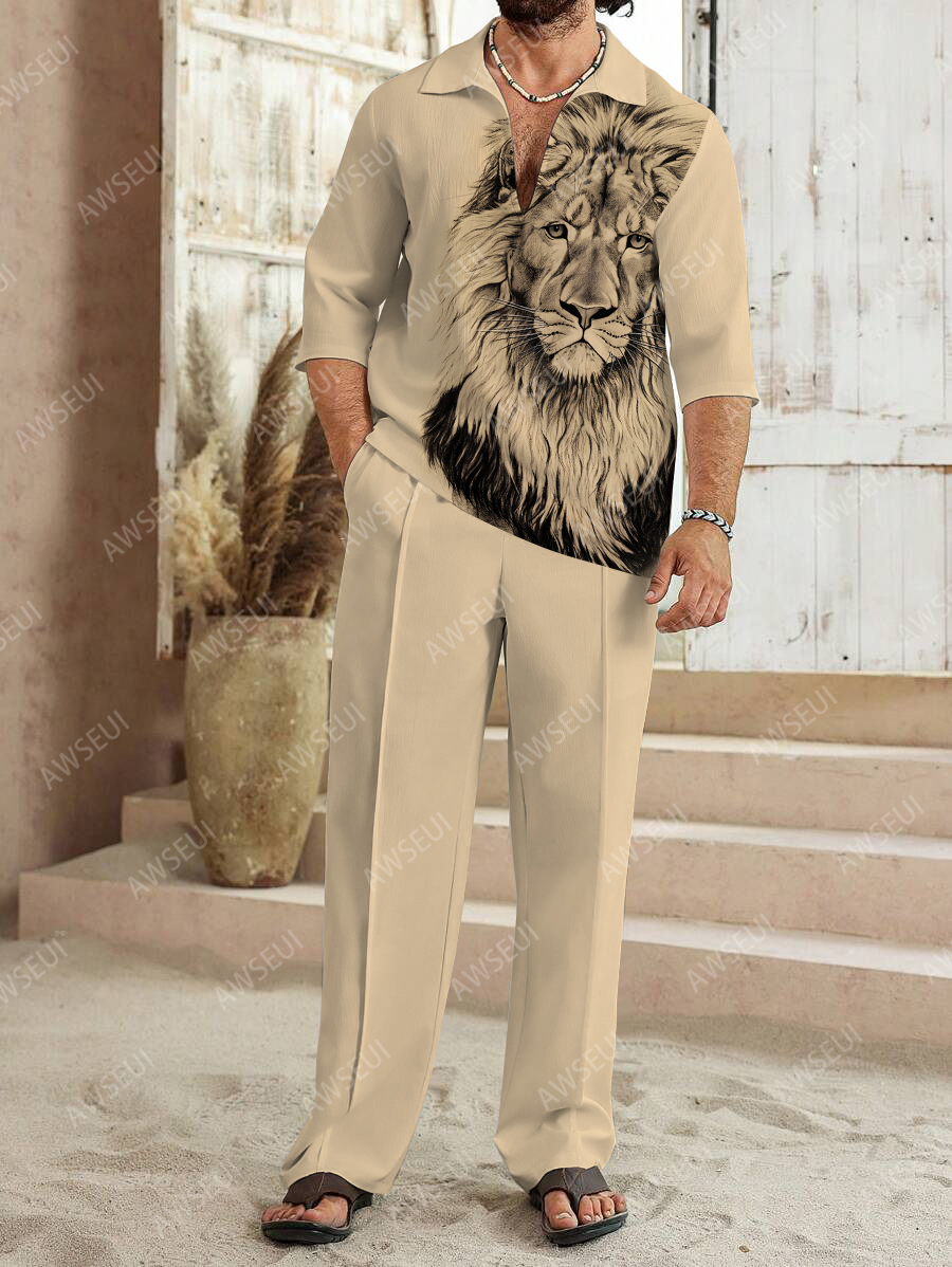 Men's fashion casual color matching print sleeve V-neck two-piece set
