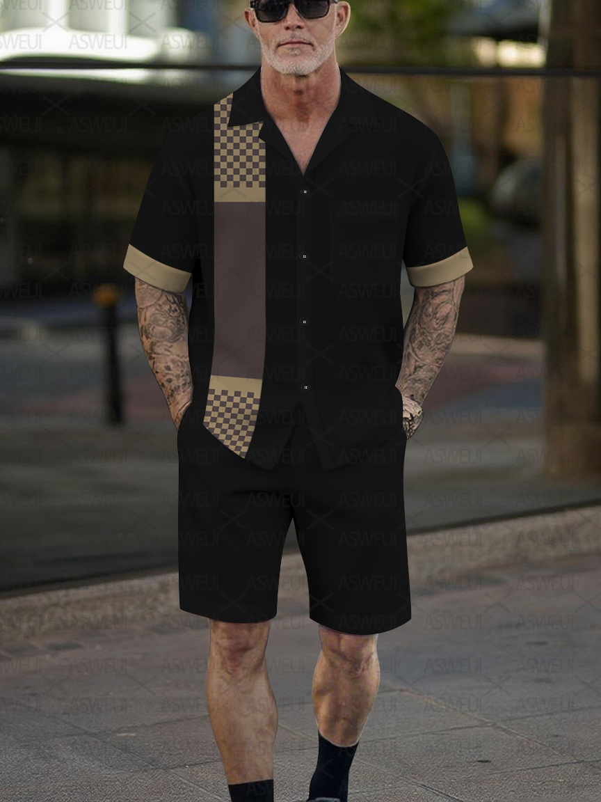 Men's Fashion Casual Geometric Print Short-Sleeved Shirt Set
