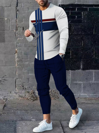 Men's fashion casual color matching striped print long sleeve two-piece set