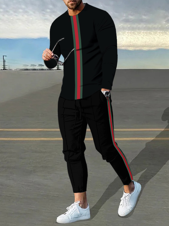 Men's fashion casual black striped print long sleeve two-piece set