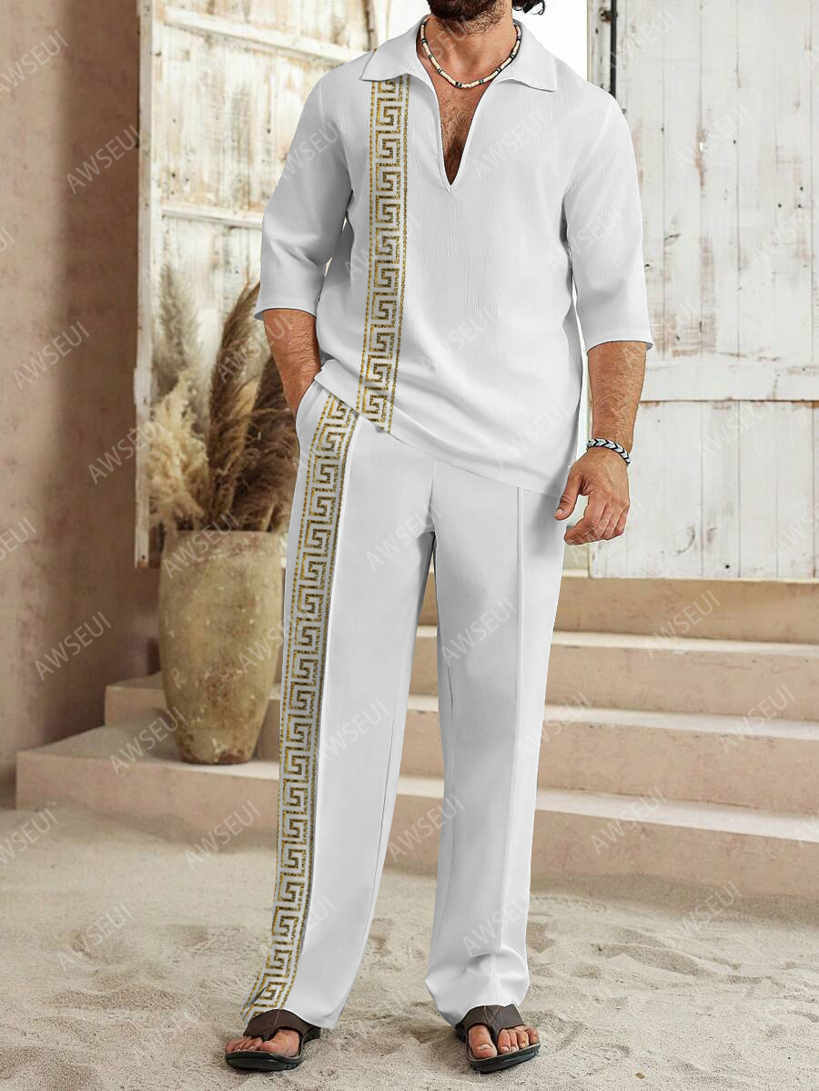 Men's fashion casual color matching print sleeve V-neck two-piece set