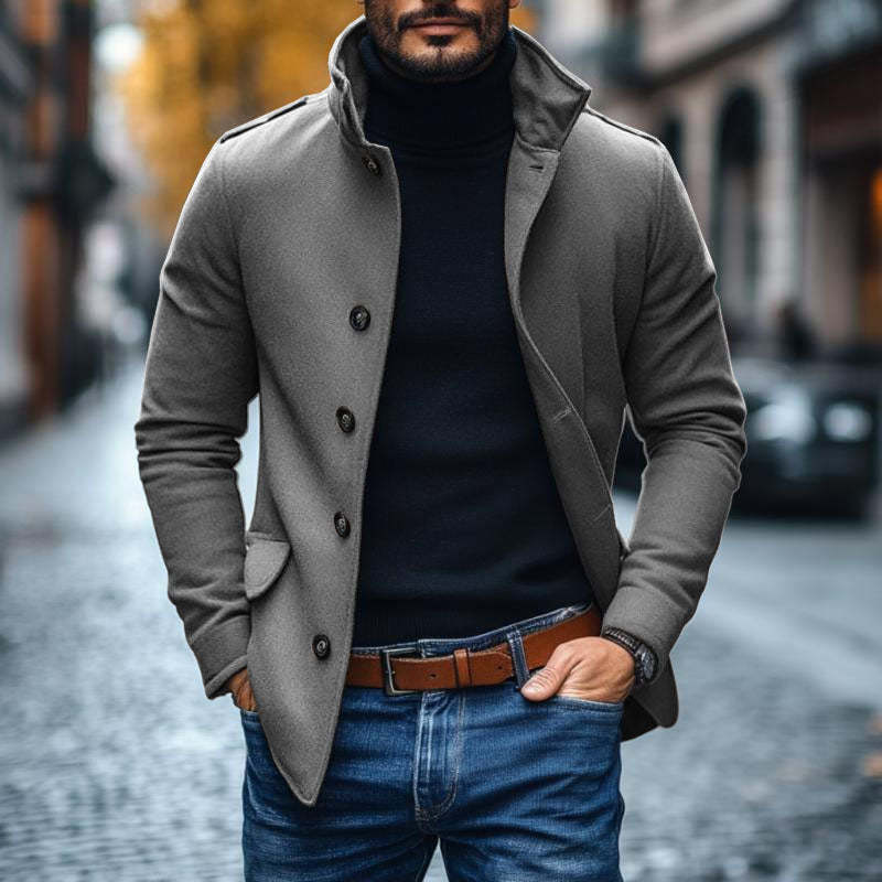 Men's Casual Wool Blend Lapel Single-breasted Slim Short Coat 
