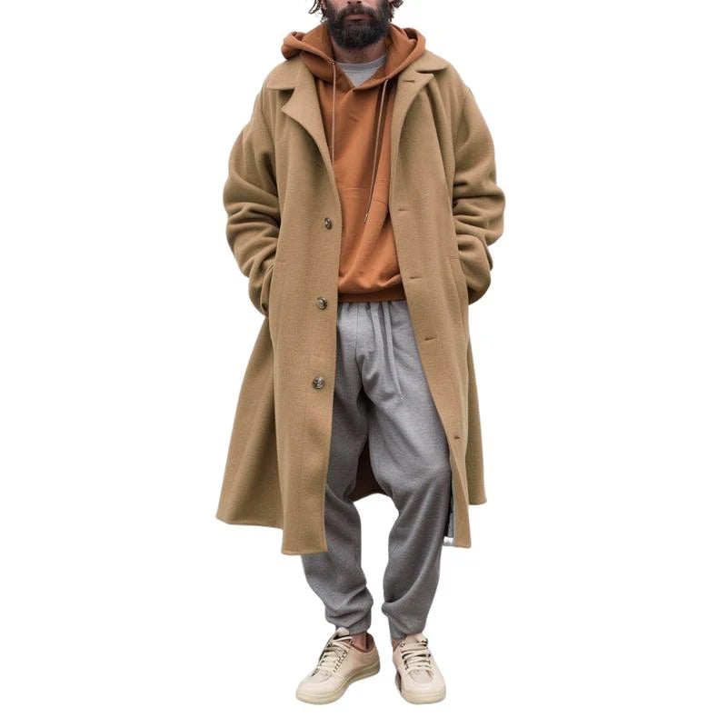 Men's Vintage Wool Blended Notched Lapel Single-Breasted Loose Long Coat 