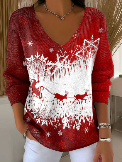 Women's Christmas Snowflake Elk Red Pattern Print Casual Pullover Sweater