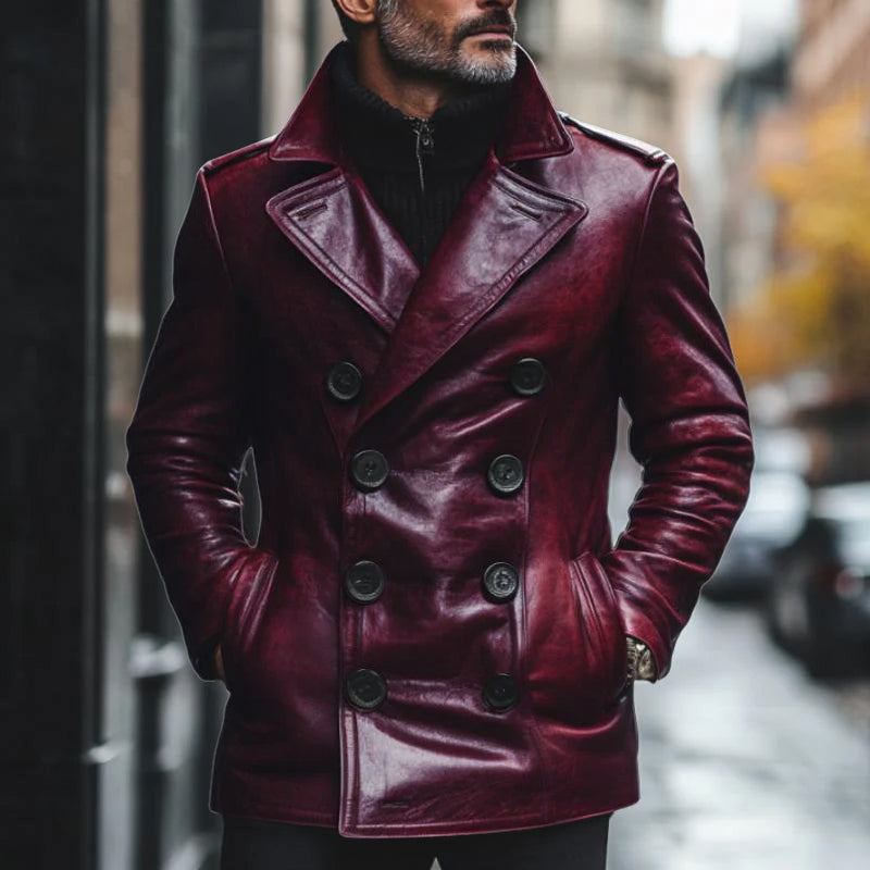 Men's Vintage Notch Lapel Double Breasted Slim Fit Leather Coat 