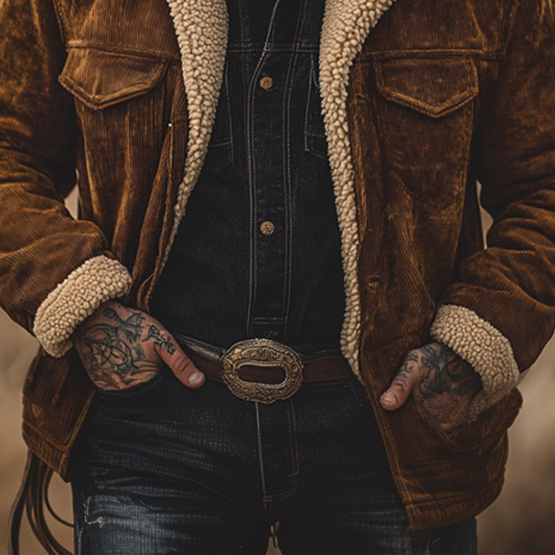 Men's Retro Solid Color Corduroy Lambswool Lining Warm Shorts Coat 
