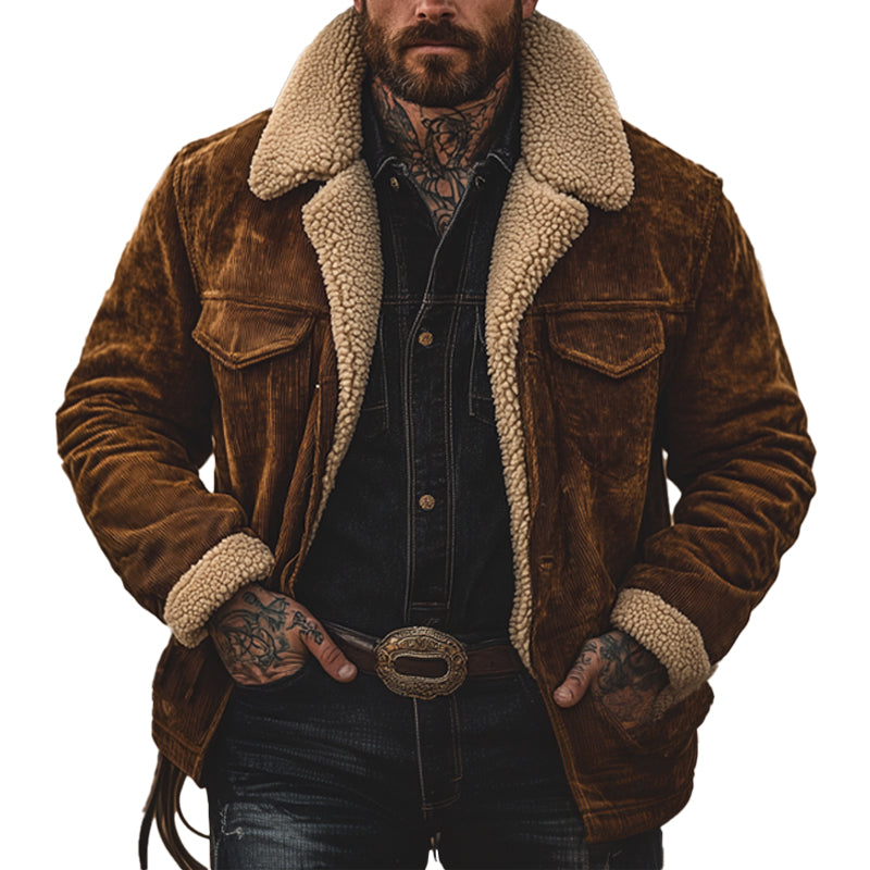 Men's Retro Solid Color Corduroy Lambswool Lining Warm Shorts Coat 
