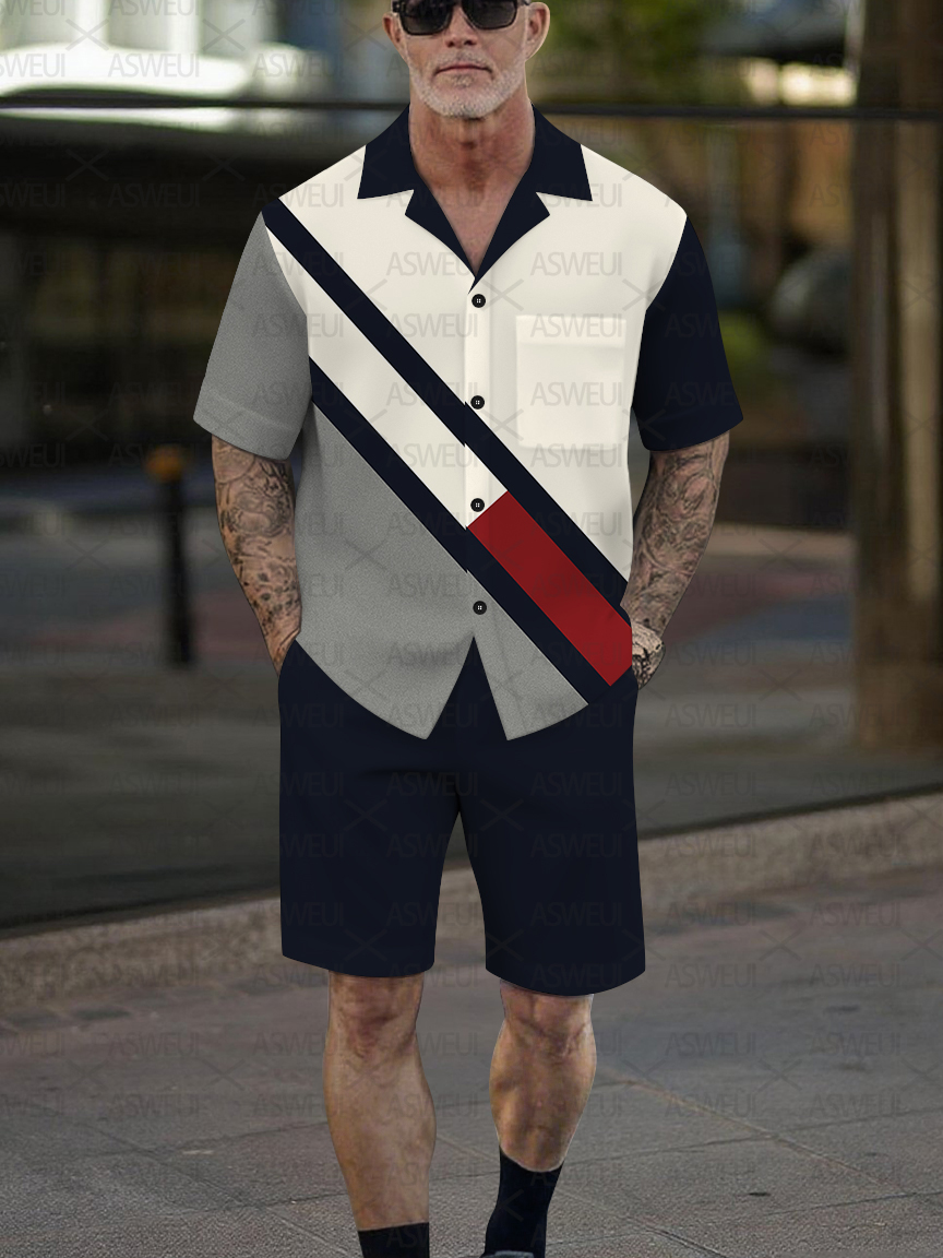Men's Fashion Casual Geometric Print Short-Sleeved Shirt Set