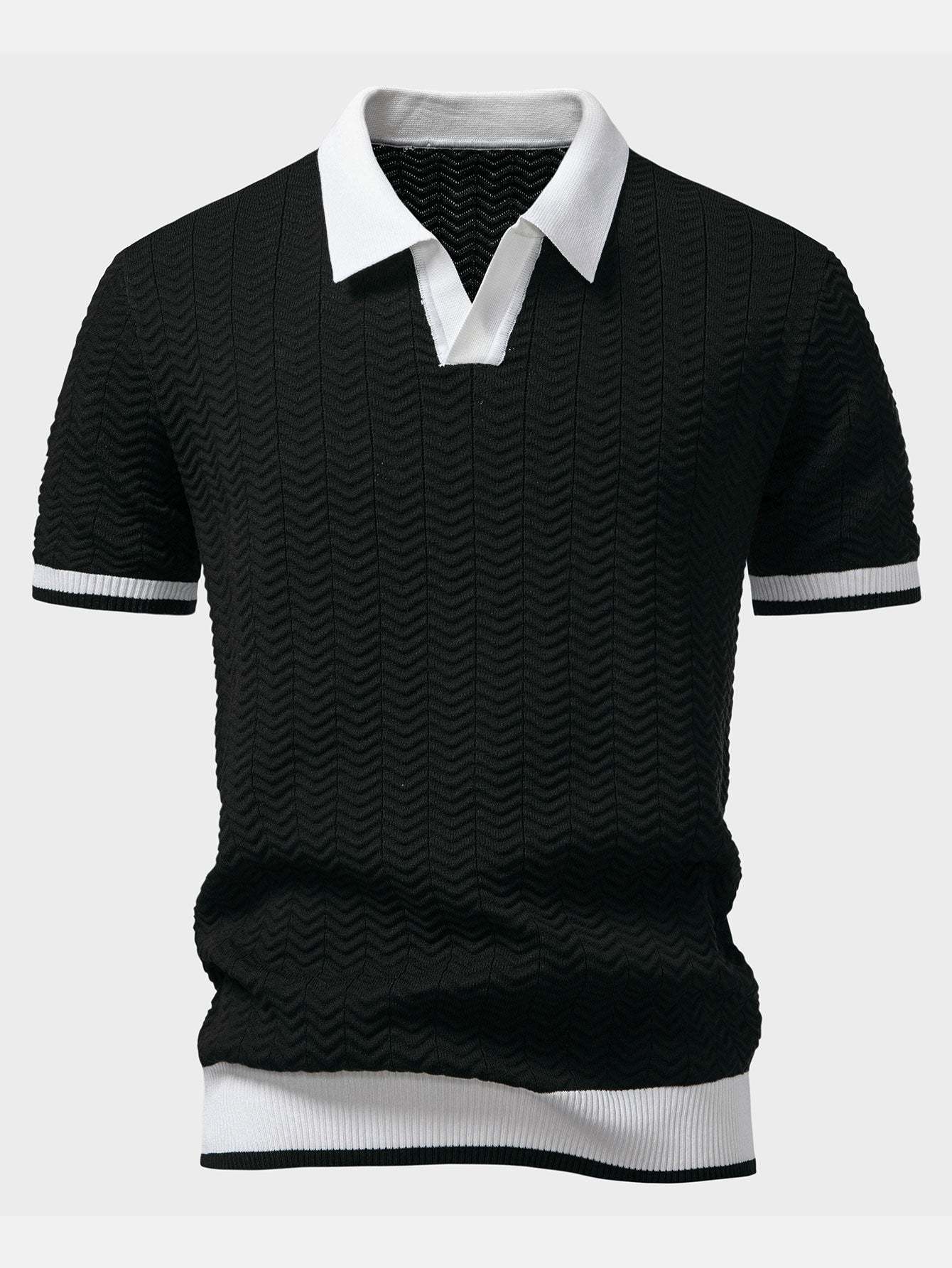 Texture Contrast Knitted V Neck Polo Shirt & Straight Leg Ribbed Pants