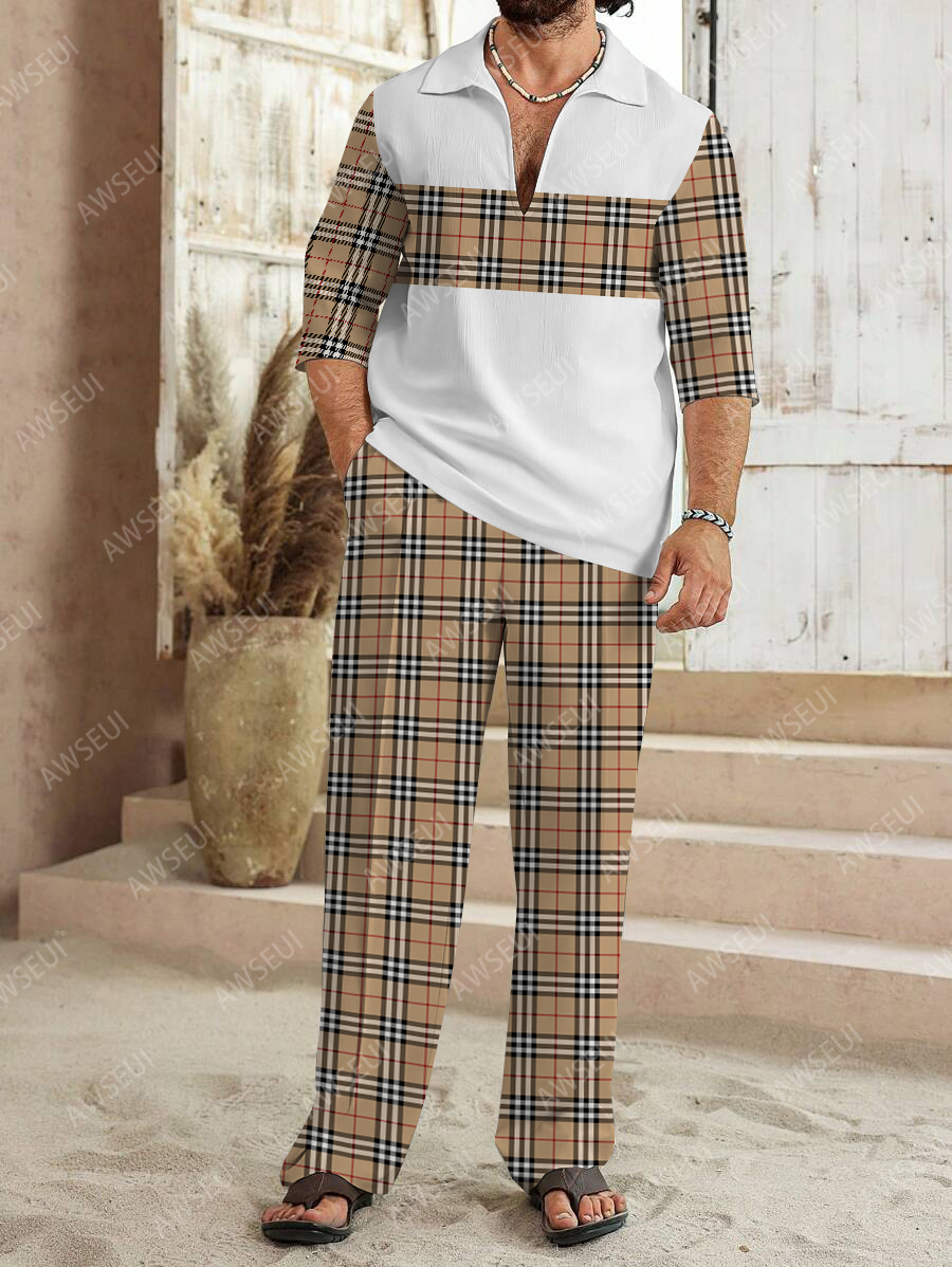 Men's fashion casual color matching print sleeve V-neck two-piece set