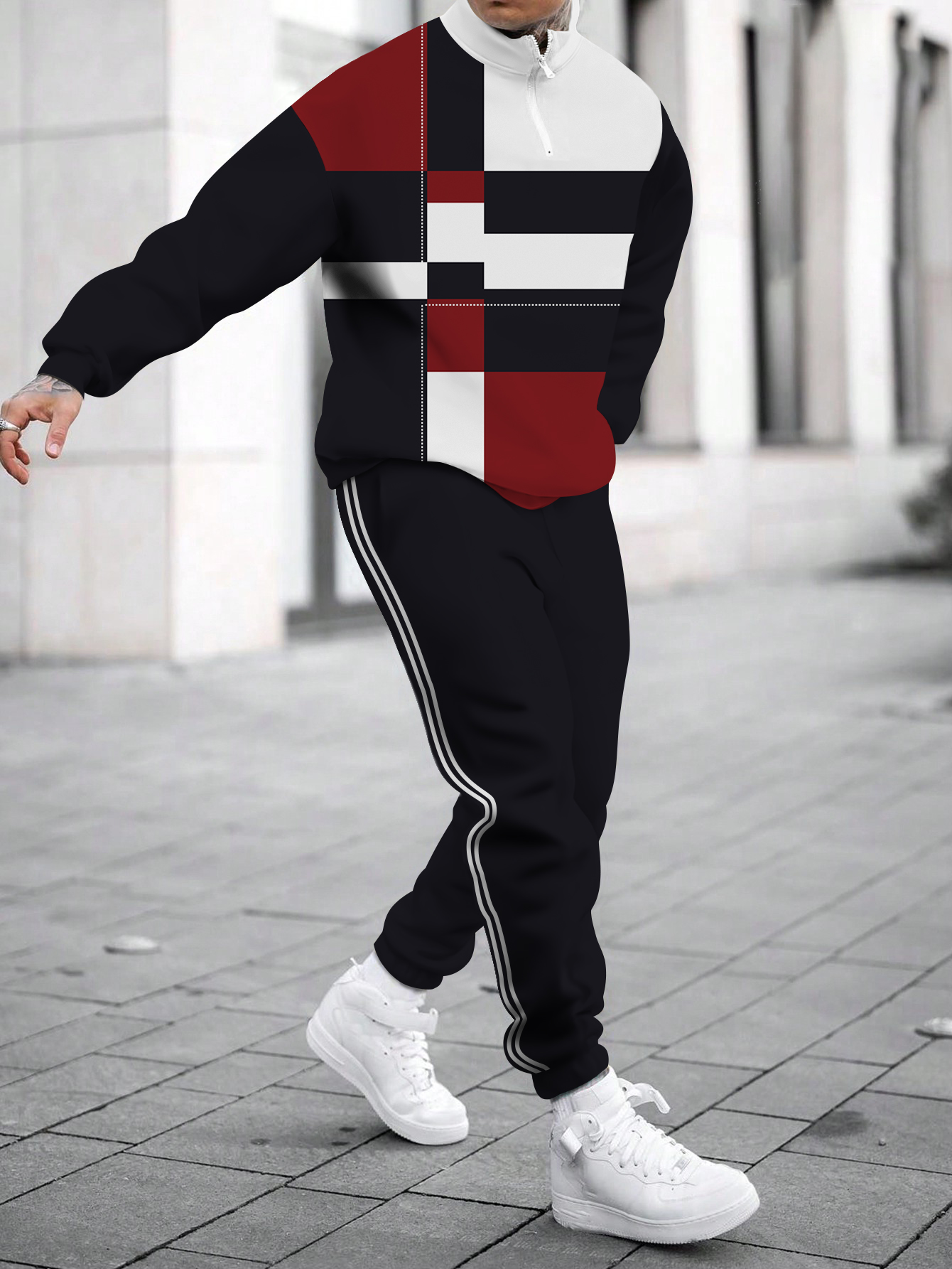 Men's fashion casual color match print long sleeve two piece set