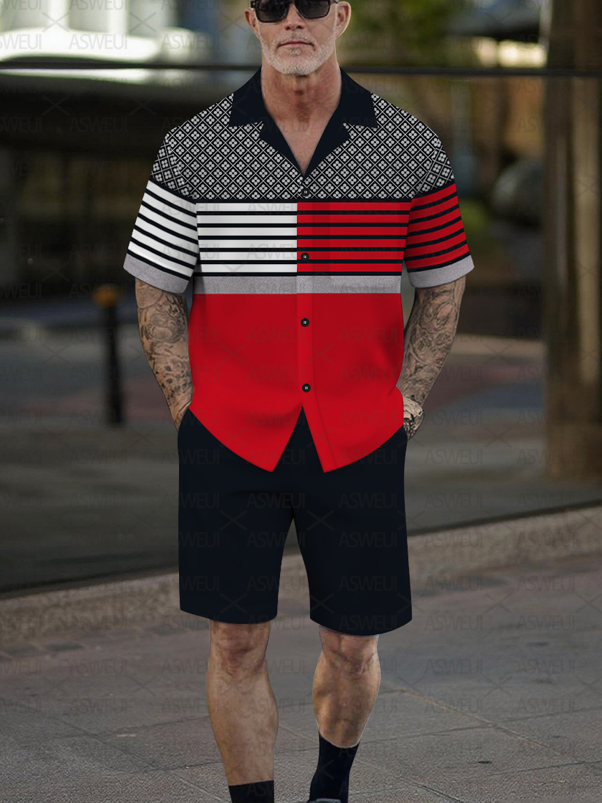 Men's Fashion Casual Geometric Print Short-Sleeved Shirt Set