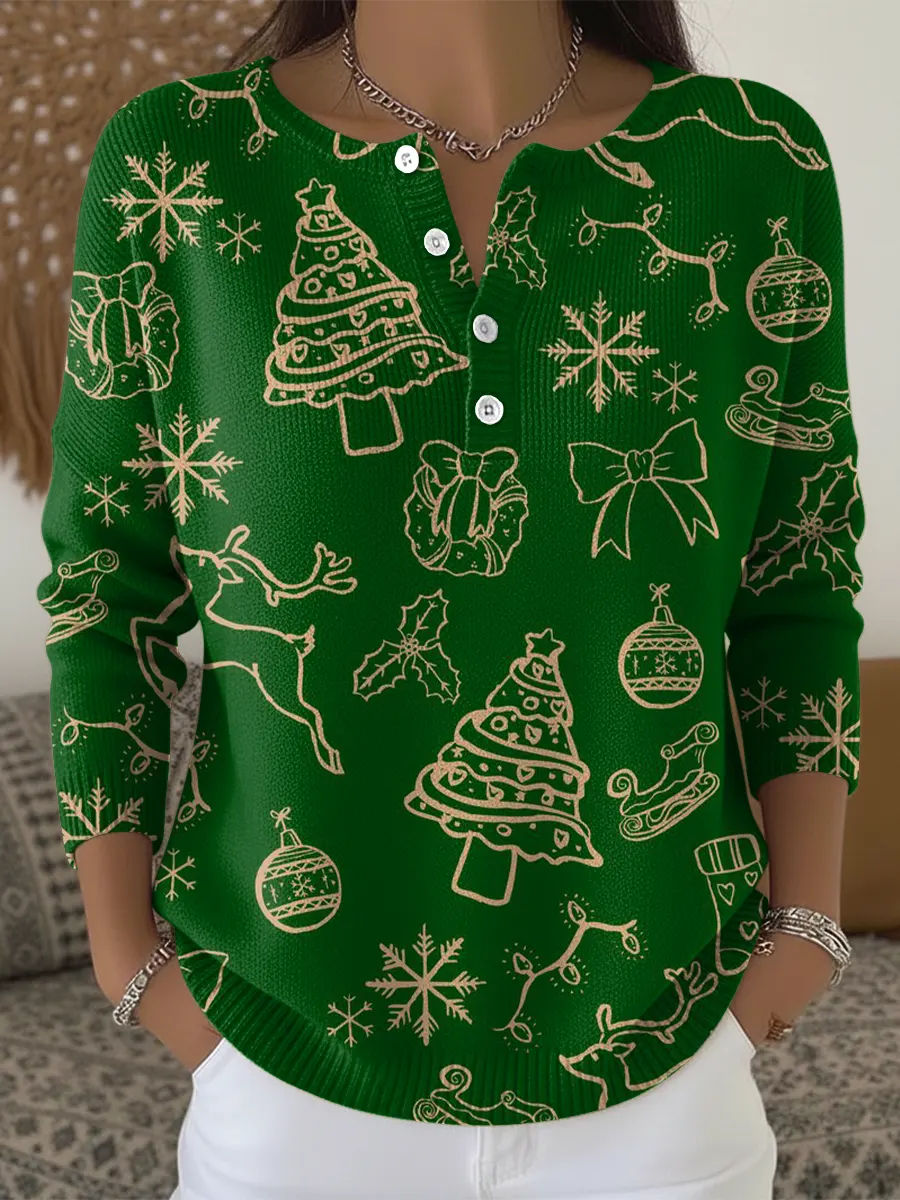 Retro Green Christmas Print Buttoned Cardigan Sweater