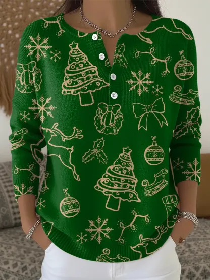 Retro Green Christmas Print Buttoned Cardigan Sweater