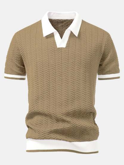 Texture Contrast Knitted V Neck Polo Shirt & Straight Leg Ribbed Pants