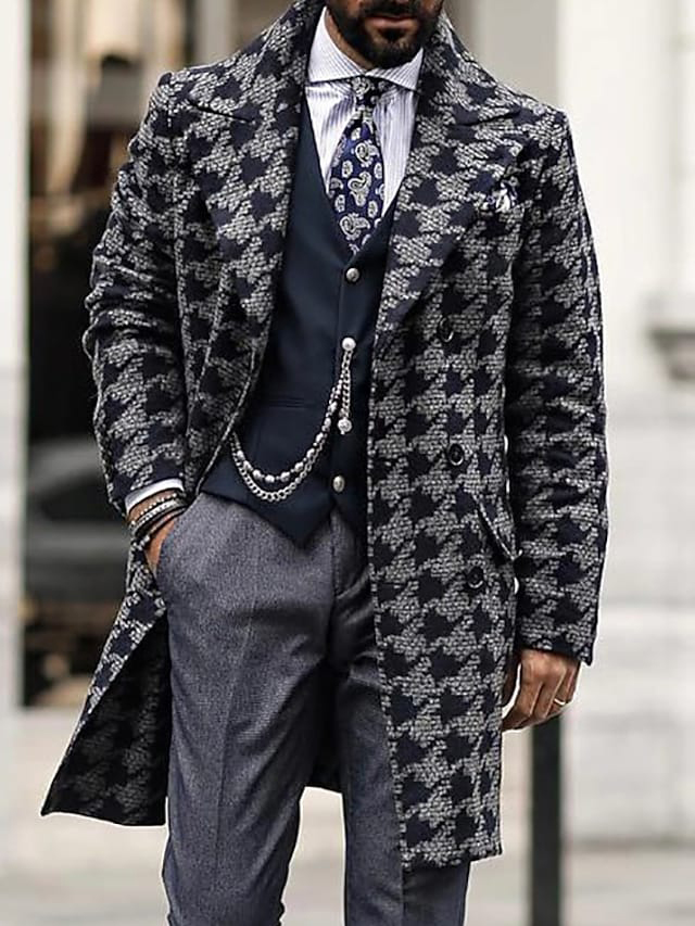 Men's fashion geometric print mid-length coat