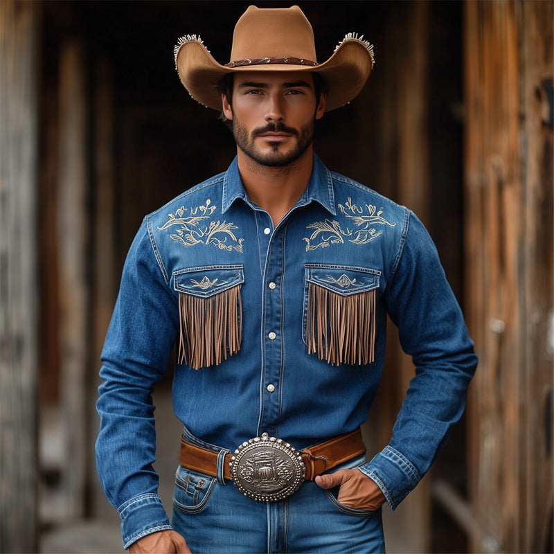Men's Vintage Dark Blue Embroidered Tassel Western Denim Shirt 